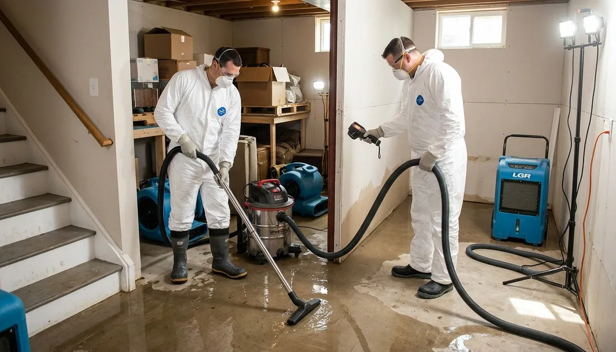 Basement flood cleanup crew in Lansing, MI removing water from a flooded home basement
