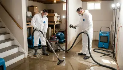 Basement flood cleanup crew in Lansing, MI removing water from a flooded home basement