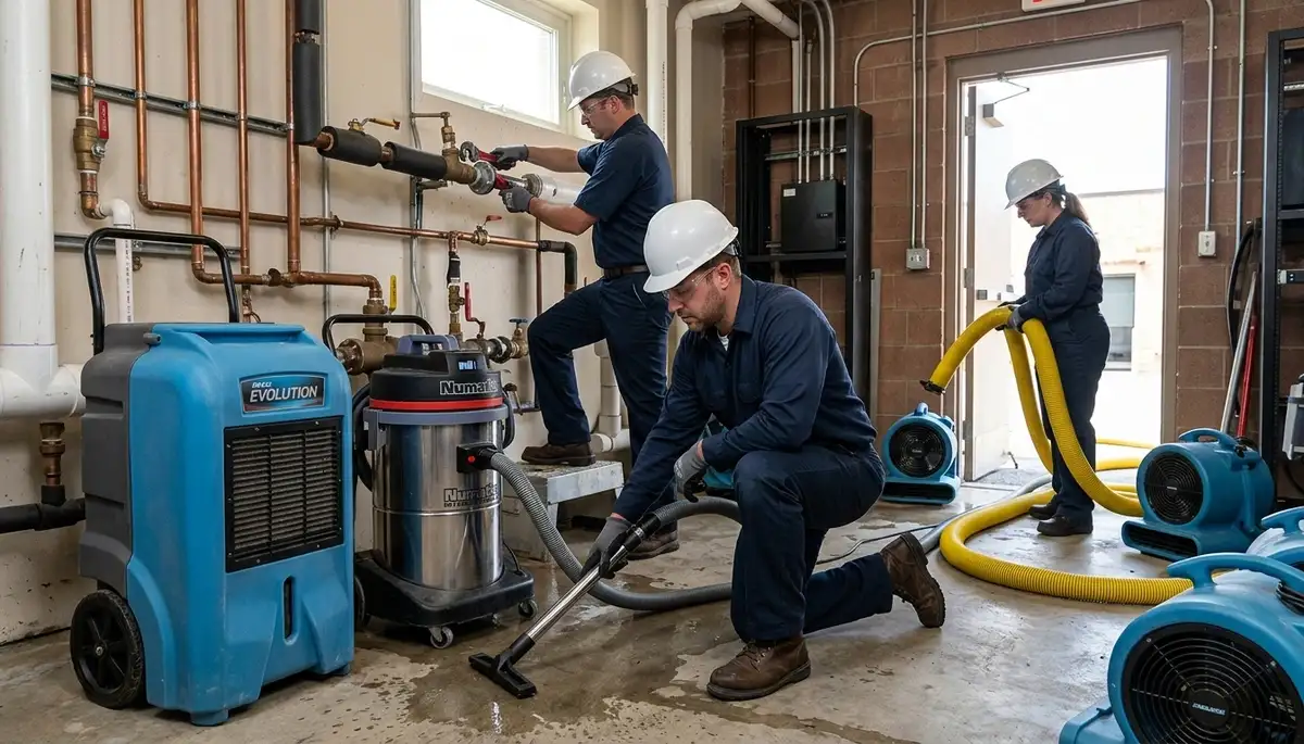 Lansing, MI water damage crew cleaning up burst pipe damage in a home