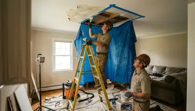 Ceiling water damage repair in Lansing, MI home with stains and sagging drywall inspection