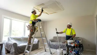 Ceiling water damage repair in Lansing, MI home with stained drywall and moisture inspection