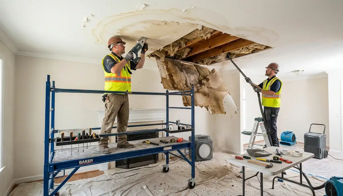 Ceiling water damage repair in Lansing, MI home with stains and sagging drywall inspection