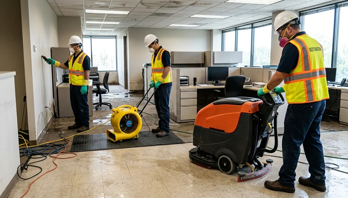 Commercial water damage restoration team in Lansing, MI cleaning flood-damaged property