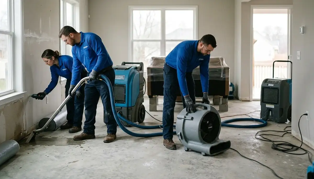 Emergency water removal crew serving Lansing, MI at a flooded home after burst pipe damage