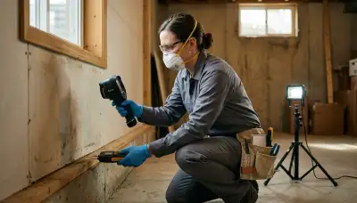 Mold inspection technician in Lansing, MI assessing moisture damage in a home