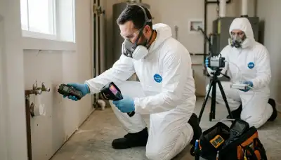 Mold inspection technician assessing moisture damage in a Lansing, MI home