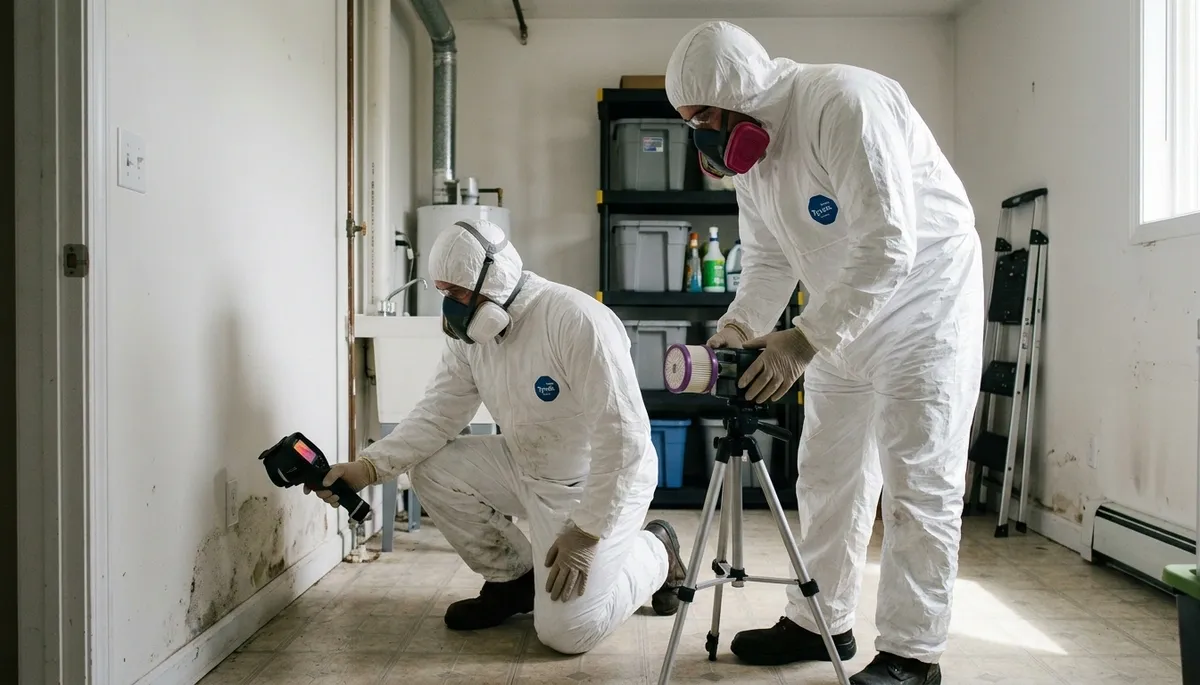 Mold inspection technician checking moisture in a Lansing, MI home for water damage assessment