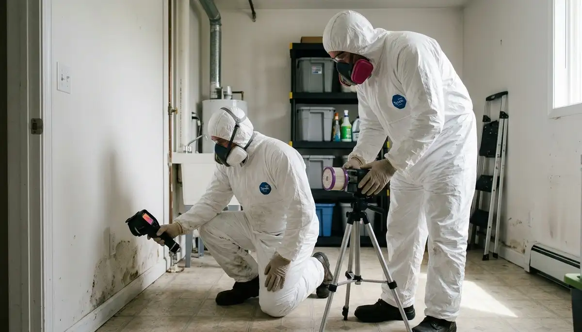 Mold inspection technician checking moisture in a Lansing, MI home for water damage assessment