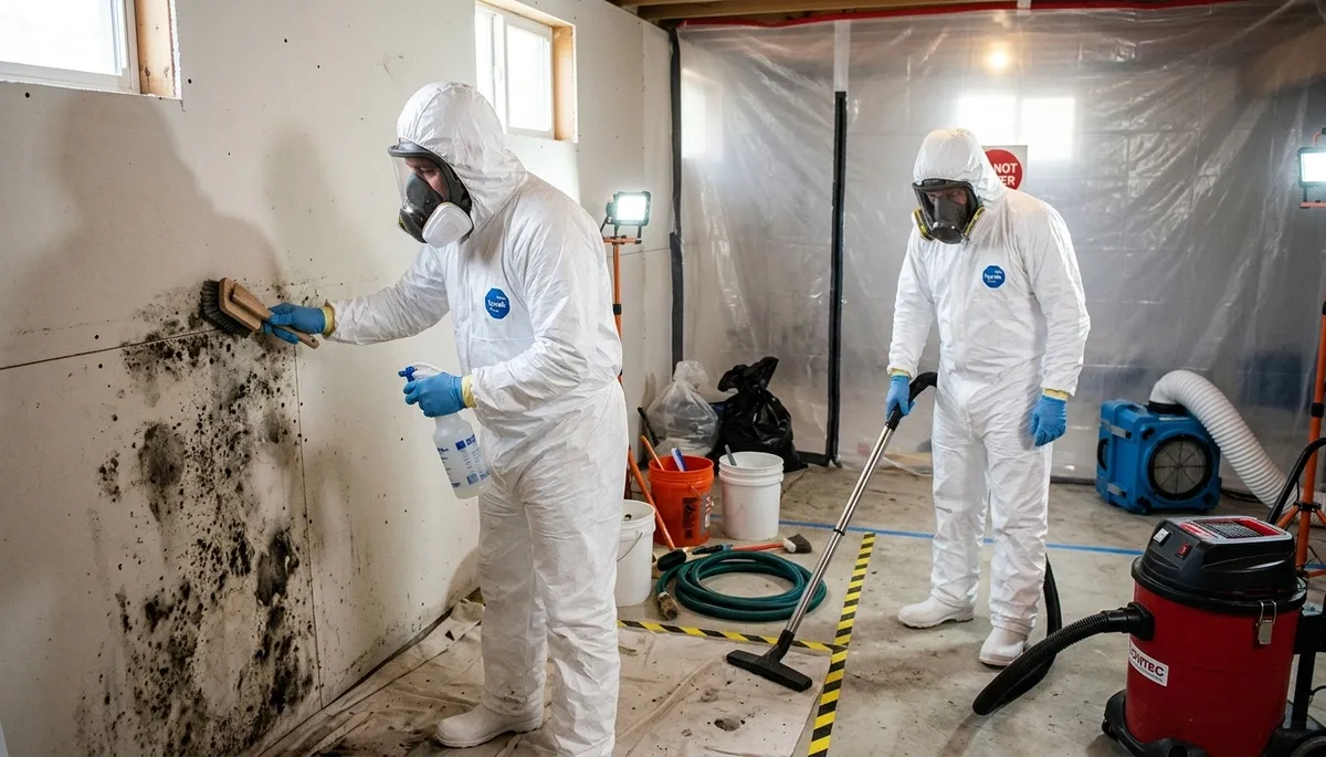 Mold removal technician inspecting water damage in Lansing, MI home