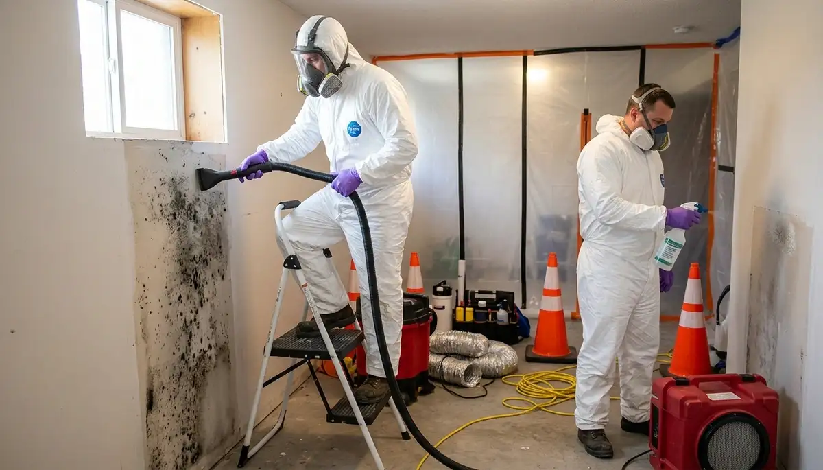 Mold removal technician inspecting water damage in Lansing, MI home