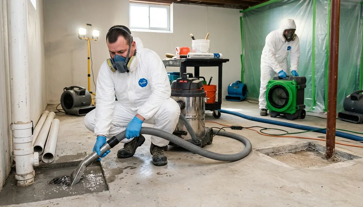Sewer backup cleanup team restoring a Lansing, MI home after raw sewage damage