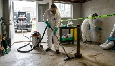 Sewer backup cleanup crew restoring a Lansing, MI basement after raw sewage damage