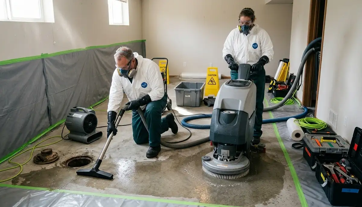 Sewer backup cleanup crew restoring a Lansing, MI home after raw sewage damage