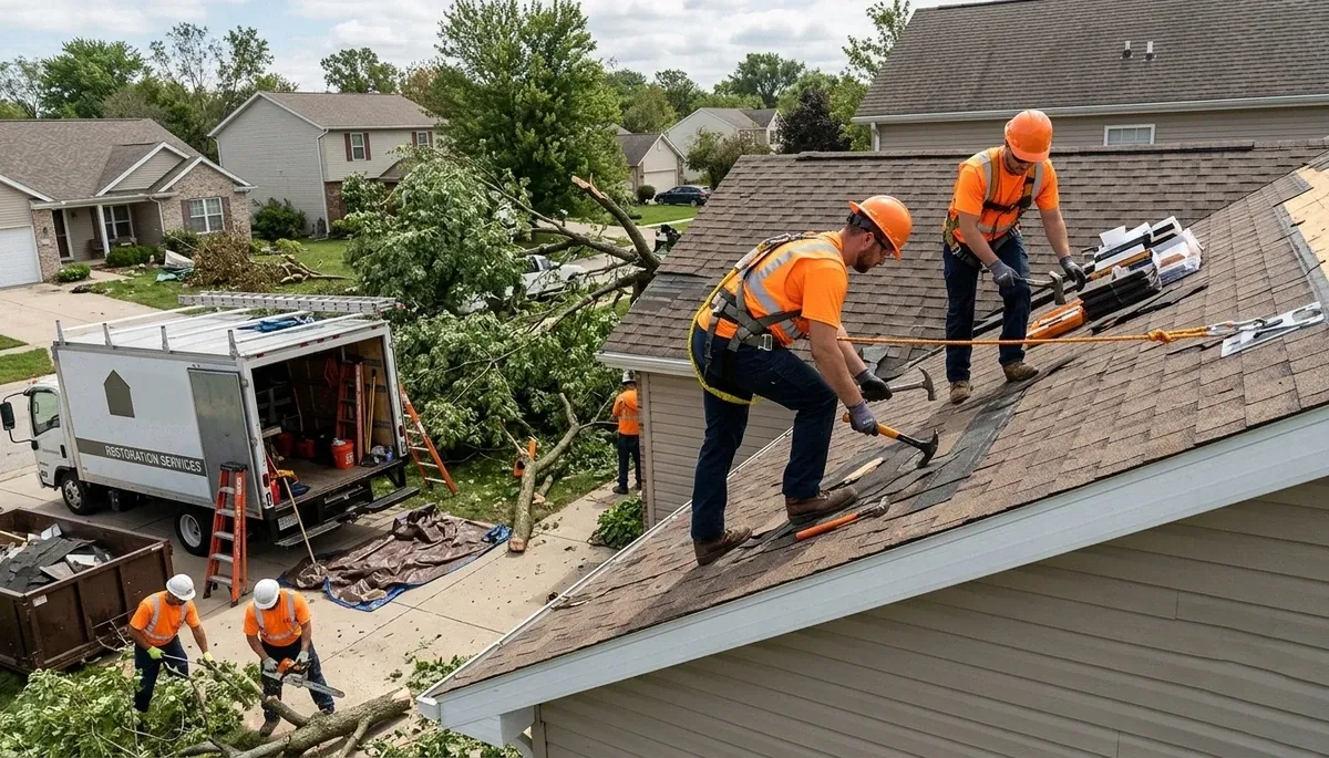 Storm damage restoration crew repairing Lansing, MI home after flooding and water damage