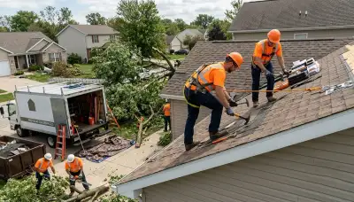 Storm damage restoration crew repairing Lansing, MI home after flooding and water damage