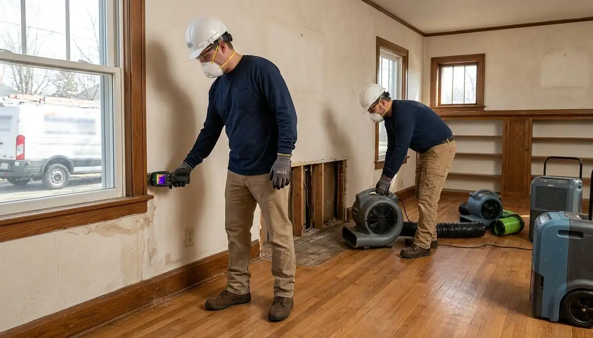 Water damage restoration team in Lansing, MI removing water and drying a flooded property