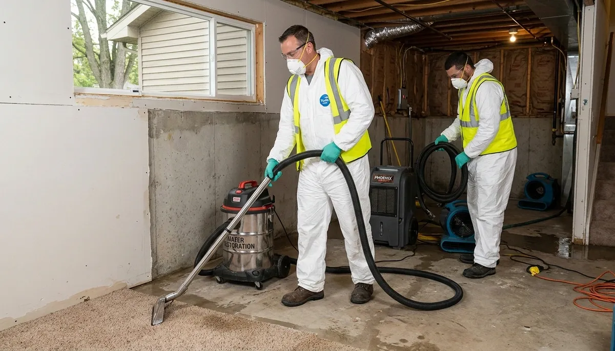 Water damage restoration team in Lansing, MI inspecting a flooded commercial property