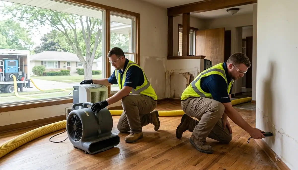 Water damage restoration team in Lansing, MI inspecting a flooded property