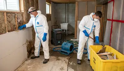 Water damage restoration team in Lansing, MI inspecting a flooded home and drying equipment
