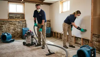 Water damage restoration team in Lansing, MI inspecting a flooded home and preparing cleanup.