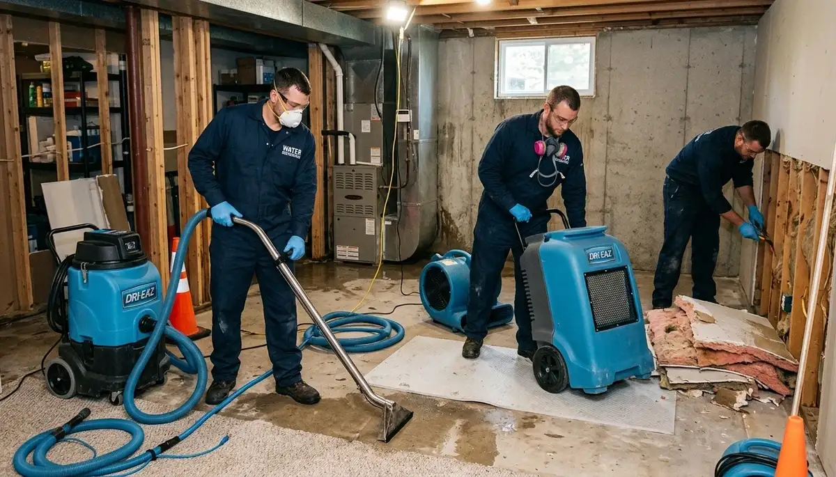 Water damage restoration team in Lansing, MI inspecting and drying a flooded property