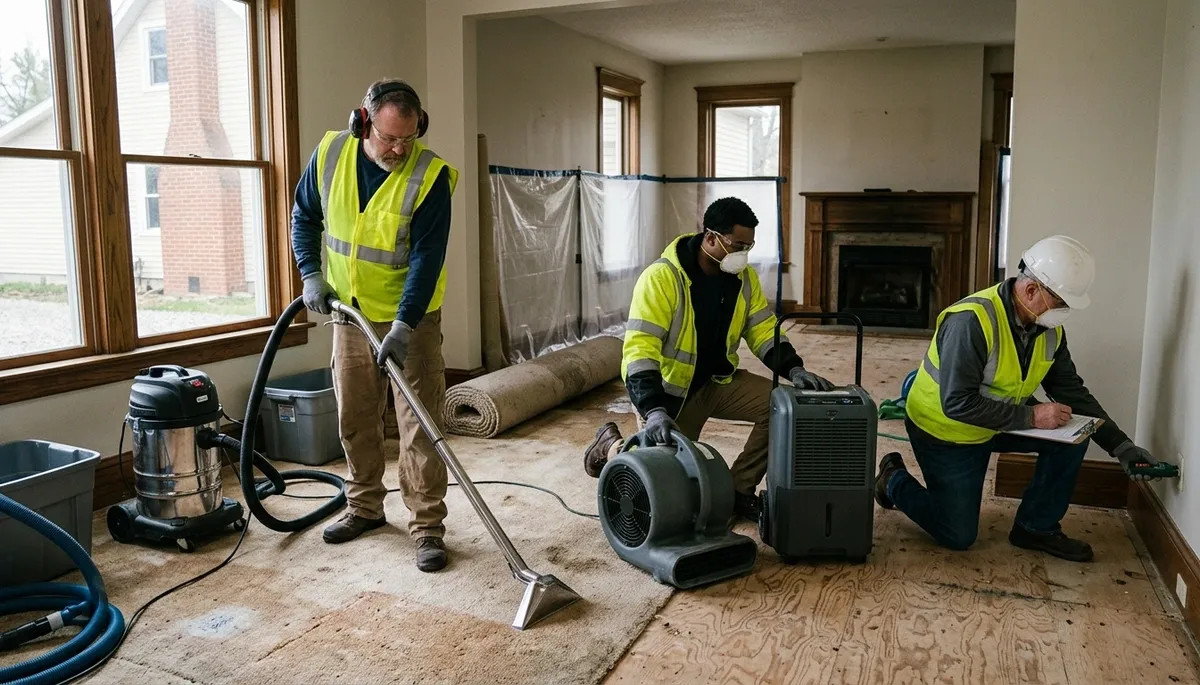 Water damage restoration team in Lansing, MI, inspecting flooded property for cleanup and repairs