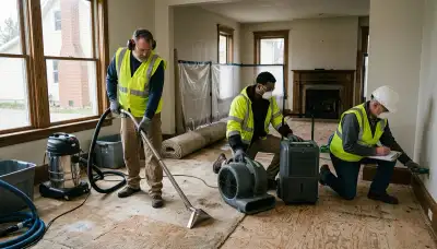 Water damage restoration team in Lansing, MI, inspecting flooded property for cleanup and repairs