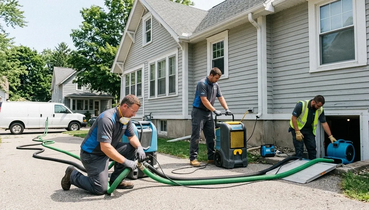 Water damage restoration team in Lansing, MI inspecting a flooded property and start of cleanup