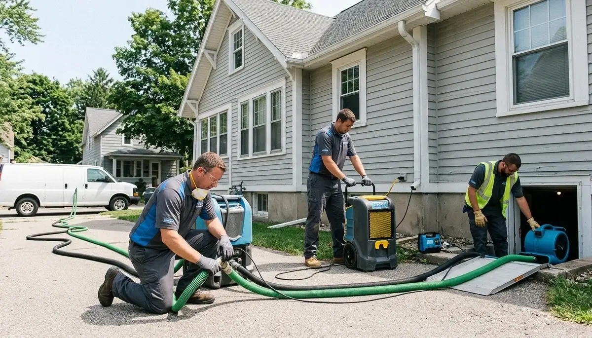Water damage restoration team in Lansing, MI inspecting a flooded property and start of cleanup