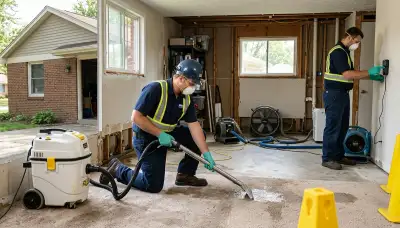 Water damage restoration team in Lansing, MI drying and cleaning a flooded property