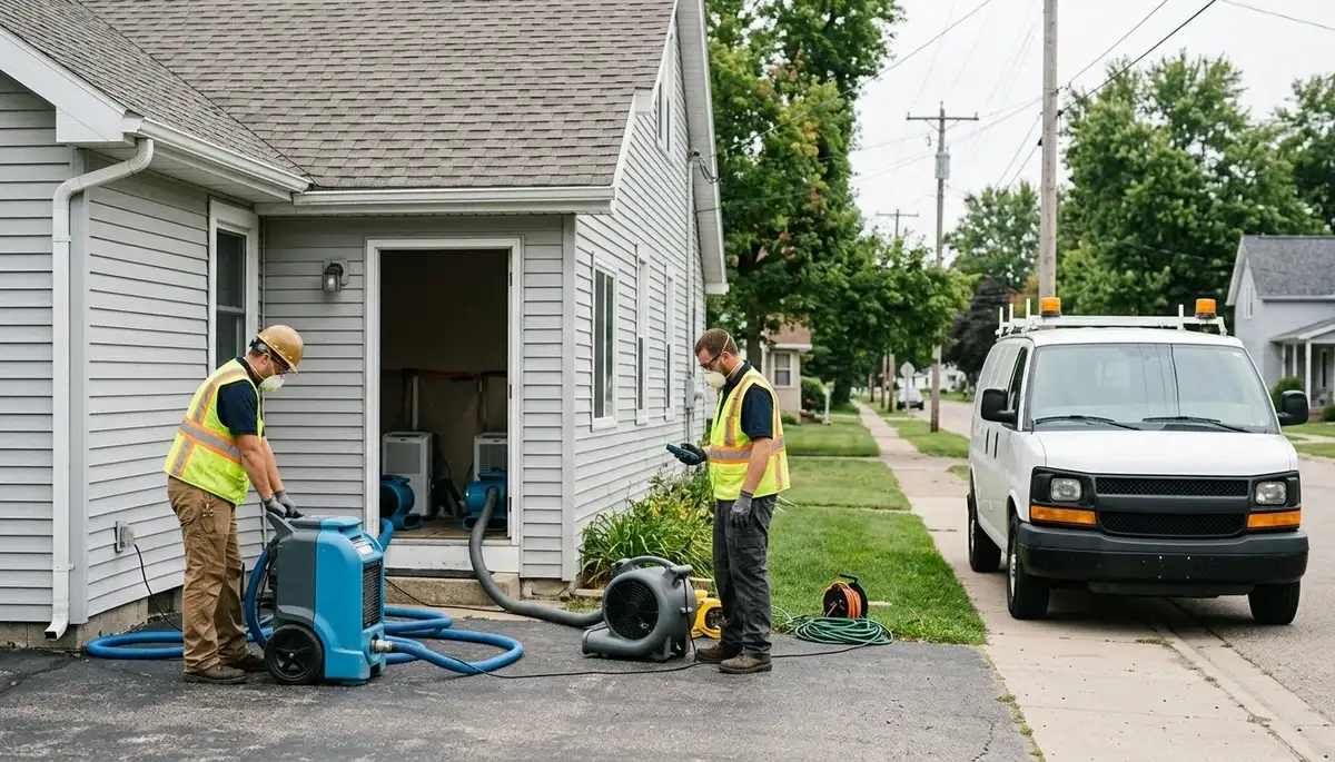 Water damage restoration team in Lansing, MI inspecting a flooded property and planning repairs