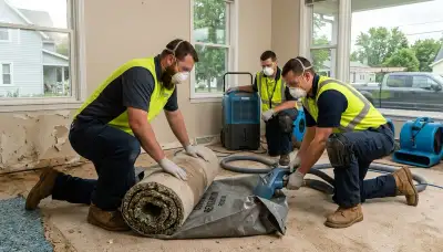 Water damage restoration team in Lansing, MI inspecting property damage and cleanup equipment