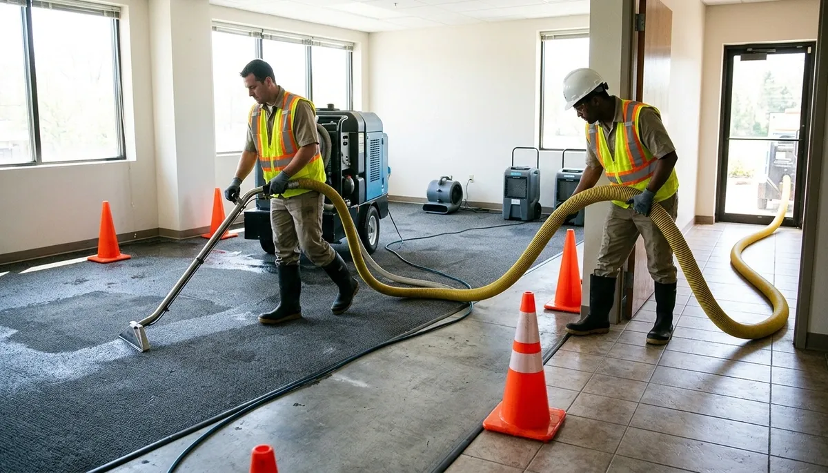 Water extraction crew removing standing water from Lansing, MI home after damage